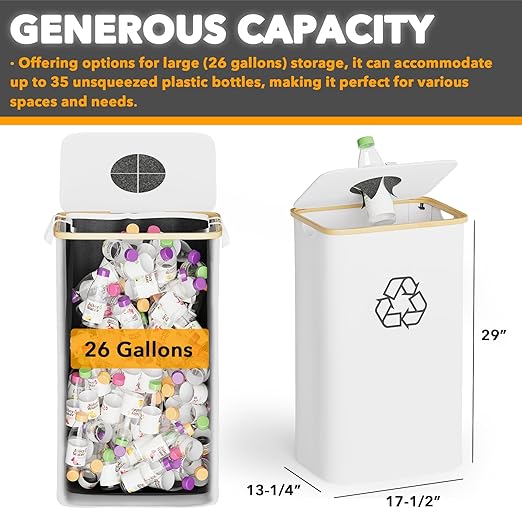 SpaceAid Recycling Bin for Kitchen 26 Gallon, 100L Recycle Bin with Lid and 2 Reusable Inner Bags, for Bottle Can Glass Plastic Stickers, White-DeskLoop Office