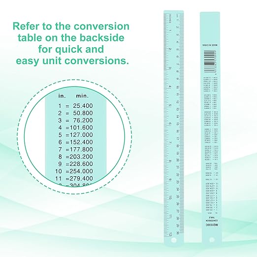 PATIKIL 30cm/12 Metal Ruler, 2 Pack Aluminum Alloy Rulers with Centimeters, Millimeters, Inches and Conversion Table Straight Edge Ruler for Writing Machinist Drafting, Blue Green