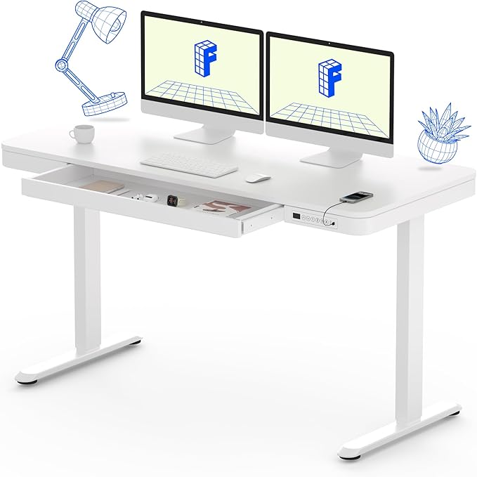 FLEXISPOT 55" White Electric Standing Desk with Drawers, Quick Assembly Home Office Sit Stand Desk with Storage, USB Charging, Computer Desk for Home Office (White Top + Adjustable Frame, Comhar)-DeskLoop Office