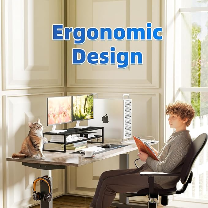 Simple Trending 2 Tier Metal Dual Monitor Stand Riser,Computer Office Desktop Organizer for 2 Monitors With 32"x10" Mouse Pad ,for Laptop,Printer,TV,Black-DeskLoop Office