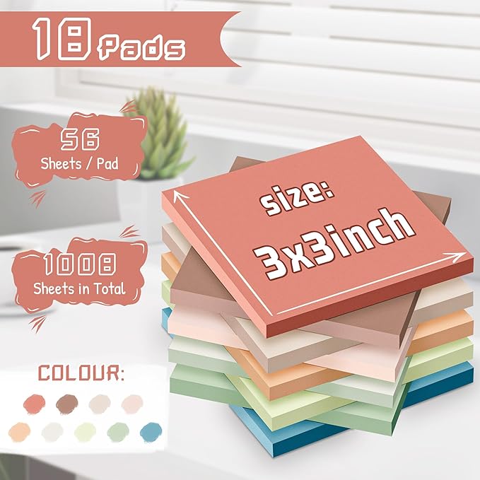 (18 Pack) Sticky Notes 3x3 in Post, Vintage Colors, Sticky Pads, Strong Adhesive, Recyclable, Self-Stick Pads, Easy to Post for Home, Office, Notebook-DeskLoop Office