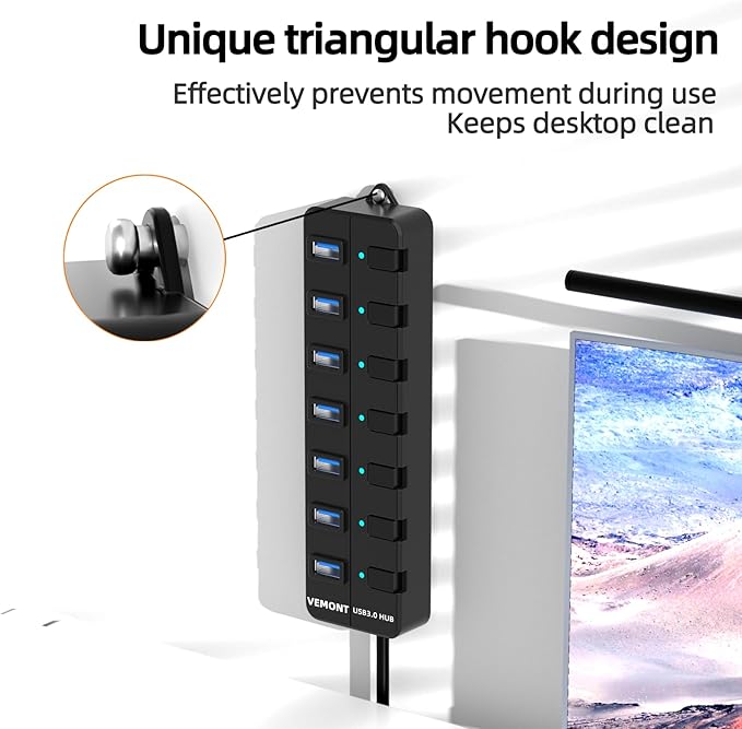 USB hub,7 Port USB 3.0 Hub,VEMONT USB Splitter with Individual On/Off Switches and Lights, 4ft/1.2m USB HUB Long Cable, USB Extension for Laptop and PC Computer-DeskLoop Office