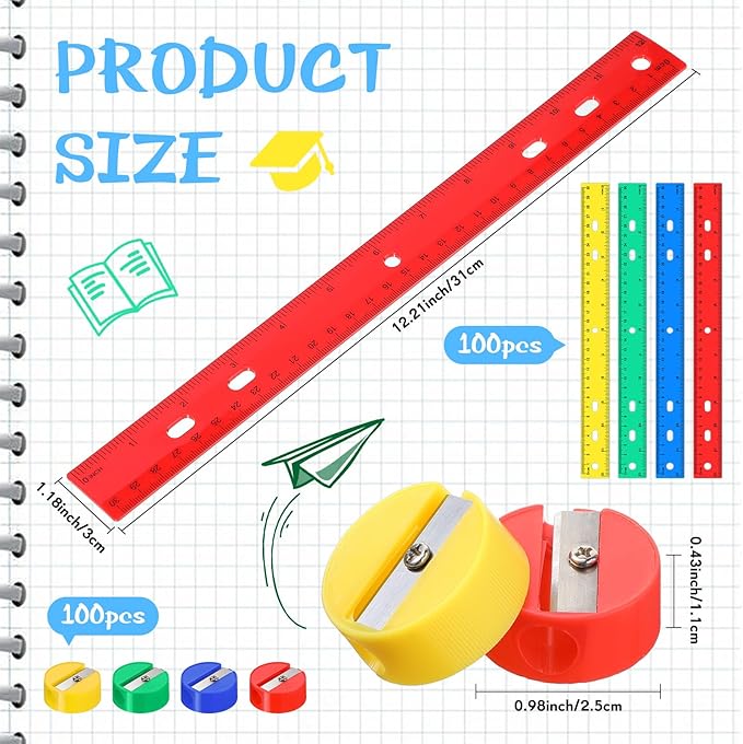 100 Pcs Plastic Rulers and 100 Pcs Mini Round Manual Pencil Sharpener Bulk, 4 Assorted Colors Pocket Sized Pencil Sharpeners Colorful Straight Ruler Back to School Supplies for Kids (Fresh,12 Inch)-DeskLoop Office