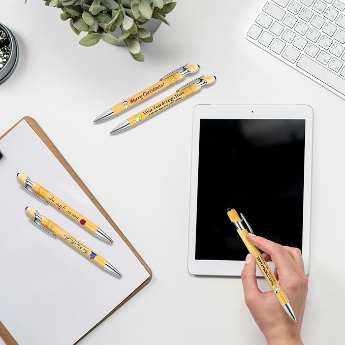 Bamboo Personalized Pens Bulk with Stylus - Custom Logo/Name, 12 Pack Ballpoint Pens - Student & Teacher Bulk Gifts, Corporate Giveaways, Back to School Supplies - Black Ink-DeskLoop Office