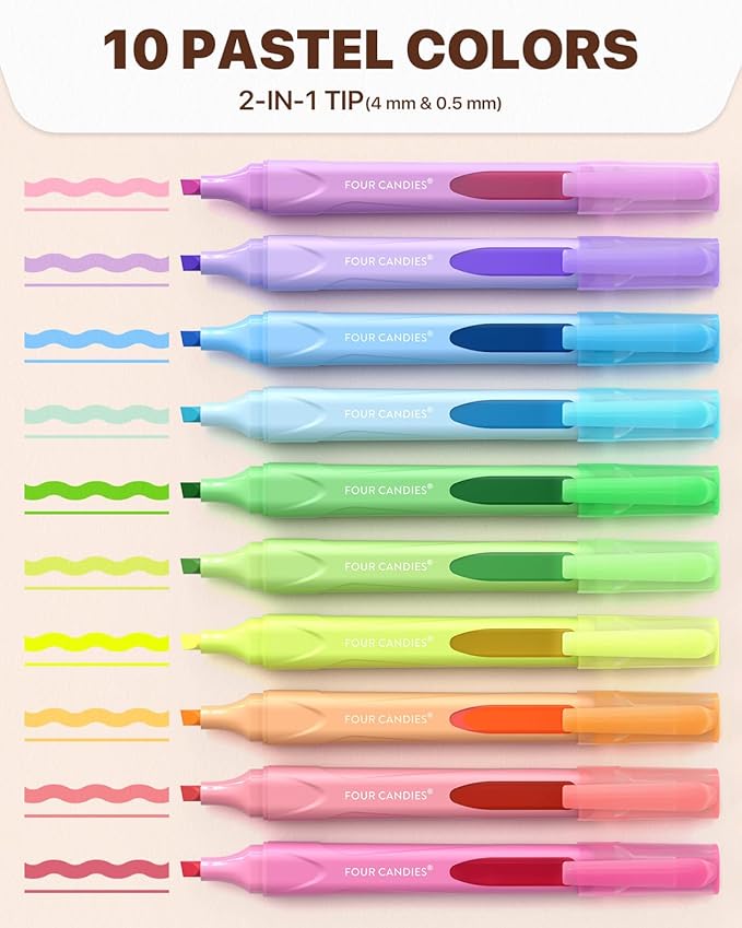 Four Candies Cute Pastel Highlighters, 10 PCS Highlighters Assorted Colors, Soft Chisel Tip, Clear Ink View, Aesthetic Highlighter Set for Organizing and Coloring & Back to School Supplies-DeskLoop Office