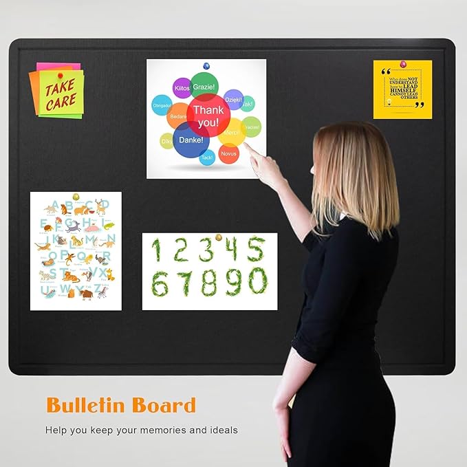 Bulletin Board, 23.5 X 17.5 inches Cork Board with 20 Pushpin, Felt Cork Board Notice Pin Board, Self-Adhesive Vision Board Mood Board Foldable Photo Board for Wall - Black-DeskLoop Office