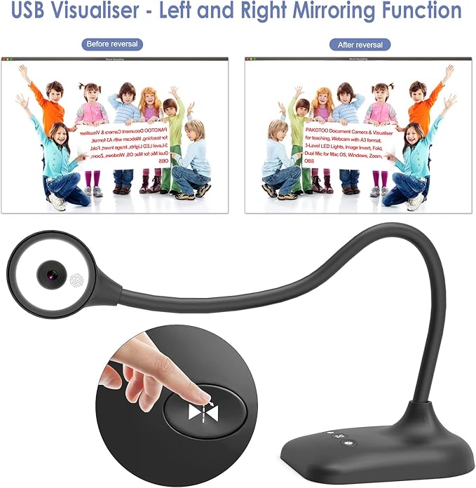 USB Document Camera for Teachers, Webcam/Doc Camera for Classroom with A3 Format, 3-Level LED Lights, Image Invert, Fold, Dual mic for Mac OS, Windows, Zoom, OBS Work with Distance Learning-DeskLoop Office