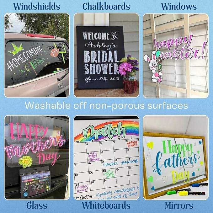 Liquid chalk markers washable, erasable, dry or wet erase. 6 neon markers for whiteboards, glass boards, mirrors, chalkboards, windows, car windshields, glass. Non-toxic, reverse tip pens-DeskLoop Office
