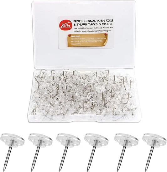 Push Pins 200-count Flat Clear Thumb Tacks Steel Point and Plastic Head for Corkboard and Wooden Photo Wall-DeskLoop Office