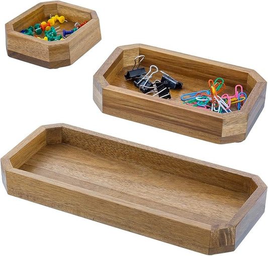 MyGift Premium Solid Acacia Wood Octagonal Desk Organizer Trays Office Stationery Holders, 3 pc Set-DeskLoop Office
