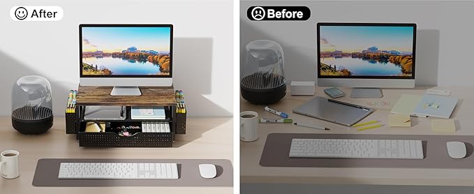 gianotter Wood Monitor Stand Riser, Office Desk Shelf Organizer, Desk Organizer with Drawer and Pen Holder, 2-Tier Computer Stand, Office Organization (Wood)-DeskLoop Office