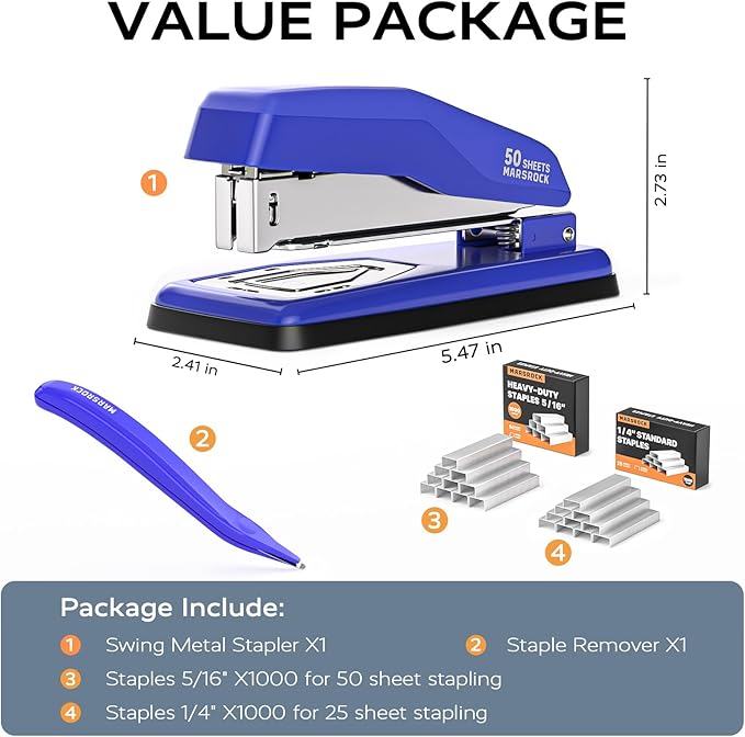 Desktop Stapler, Swing-Arm Swivel Stapler, 50 Sheet Capacity, 2000 Staples and Staple Remover, Rotatable Heavy Duty Staplers for Office, Home, Classroom, Booklet, Book Binding, Blue-DeskLoop Office