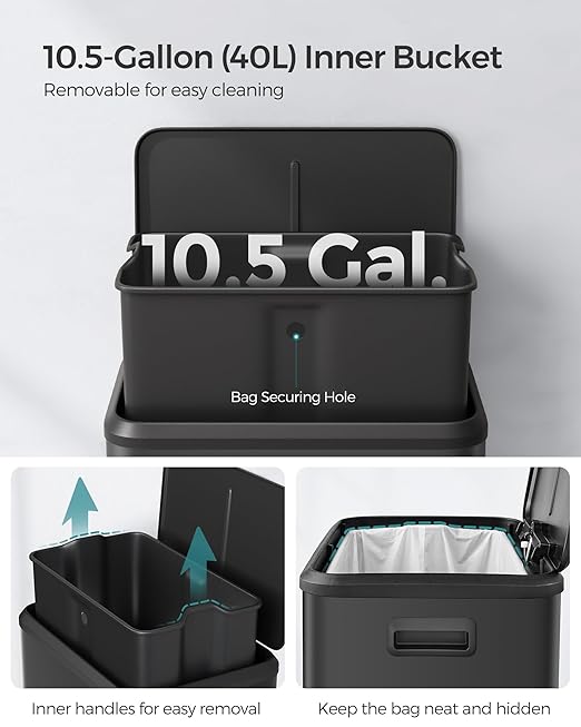 SONGMICS Kitchen Trash Can, 10.5-Gallon (40L) Garbage Can with Lid and Wide Foot Pedal, Soft Close and Stays Open, Black ULTB541B40-DeskLoop Office