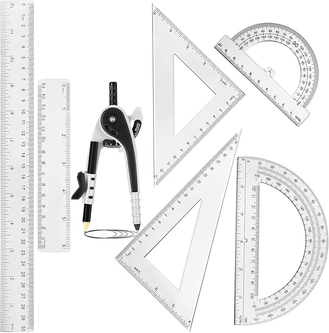 Zonon 1 Set Plastic Geometry Math Set 7 Pcs Includes 6'' / 4 '' Protractor, Drawing Compass, 45/60 Degree Triangle Rulers, 12'' / 6'' Math Ruler Transparent for Office Supplies(Clear)-DeskLoop Office
