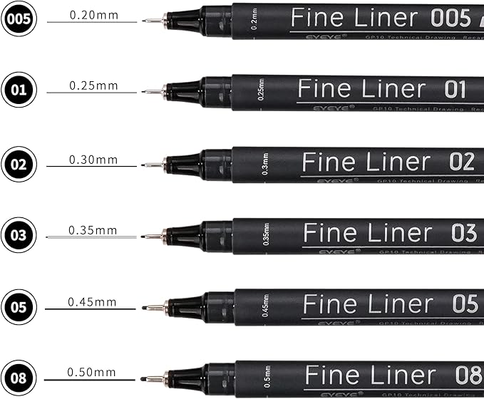 EYEYE Micro Pen Black Drawing Art Pens,0.2/0.25/0.3/0.35/0.45/0.5mm Archival Pens Waterproof Ink Set Artist Supplies Archival Inking Markers Sketch Outline Pen-DeskLoop Office