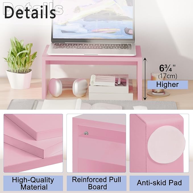 TEAMIX Pink Monitor Stand Riser-6.7 inch, Wood Higher Monitor Riser with Storage for Desk, Laptop Riser Computer PC Stand for Desktop Workspace Home Office(Pink-Higher)-DeskLoop Office