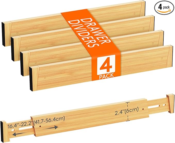 Lifewit 4 Pack Drawer Dividers Bamboo 2.4" High, 16-22" Adjustable Drawer Organizers for Clothes, Wooden Dresser Separators in Bedroom/Bathroom/Kitchen/Fridge/Office Organization and Storage-DeskLoop Office