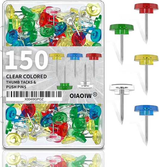 150 PCS Flat Clear Colored Push Pins for Wall Thumb Tacks for Walls Flat thumbtacks Push pin for Bulletin Board Shadow Box Display Thumbtack for Cork Board-DeskLoop Office