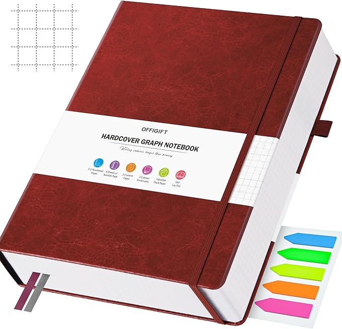 Graph Paper Notebook, 312 Numbered Pages B5 Hardcover Leather Journal, 100gsm No Bleed Grid Paper Notebook with Index Pages, Grid Notebook for Graphing Notes Math, 7.6'' X 10'', Burgundy-DeskLoop Office