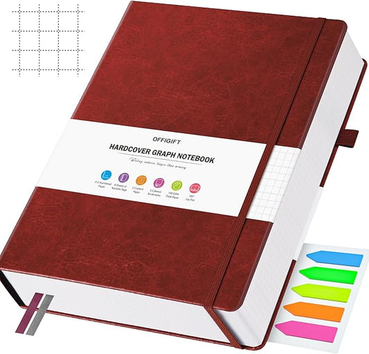 Graph Paper Notebook, 312 Numbered Pages B5 Hardcover Leather Journal, 100gsm No Bleed Grid Paper Notebook with Index Pages, Grid Notebook for Graphing Notes Math, 7.6'' X 10'', Burgundy-DeskLoop Office