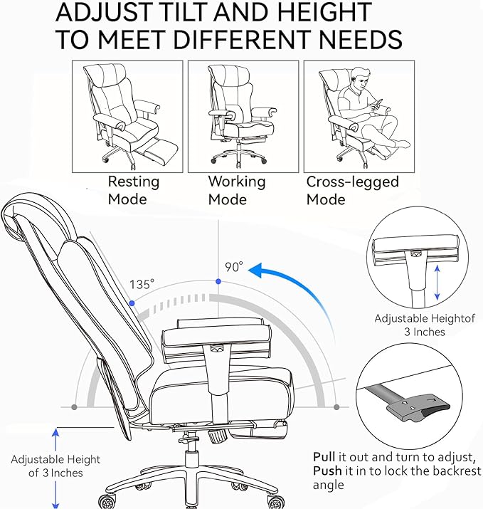Efomao Big and Tall Office Chair 450LBS with Foot Rest, High Back PU Leather Executive Chair with Adjustable Padded Armrests, Lumbar Support for Home or Work, Heavy Duty Computer Chair, Grey-DeskLoop Office