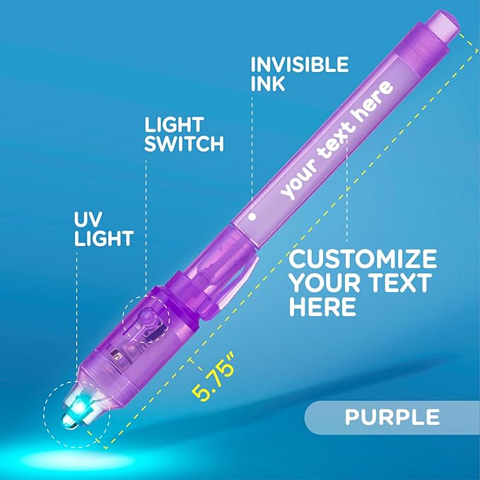 Personalized Invisible Disappearing Ink Pen Marker, Custom Secret Spy Message Writer with UV Light, Fun Activity for Kids Party Favors Gifts and Stock Stuffers, 12 Pack, Purple-DeskLoop Office
