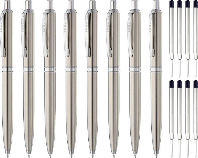 LINFANC 8 Pack Ballpoint Pens, Premium Retractable Metal Ballpoint Pen, Medium Point 1.0mm Black Ink Pen for Home School Work Office Supplies, Stainless Steel Trim, Extra 8 Refills-DeskLoop Office