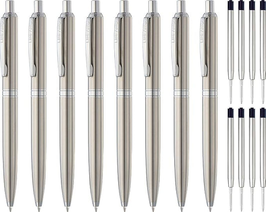 LINFANC 8 Pack Ballpoint Pens, Premium Retractable Metal Ballpoint Pen, Medium Point 1.0mm Black Ink Pen for Home School Work Office Supplies, Stainless Steel Trim, Extra 8 Refills-DeskLoop Office