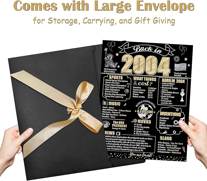 Large 21st Birthday Gift Card With Envelope for Boys Girls, 2004 Black Gold Happy 21st Birthday Giant Guest Signature Book Gifts, Big Vintage 21st Greeting Card Decoration Party Supply