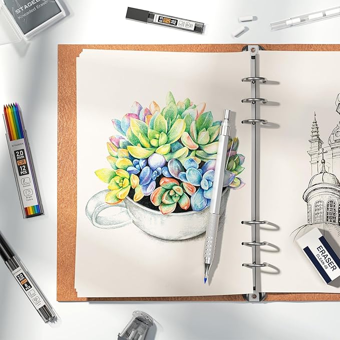 35Pcs Art Mechanical Pencil Set with Case, 0.5 0.7 0.9 2.0 Graphite Metal Drawing Drafting Pencils, Sharpener Erasers 384PCS Lead Refills (6B 4B 2B HB 2H 4H Colors)Pencils for Writing Sketching,Silver-DeskLoop Office