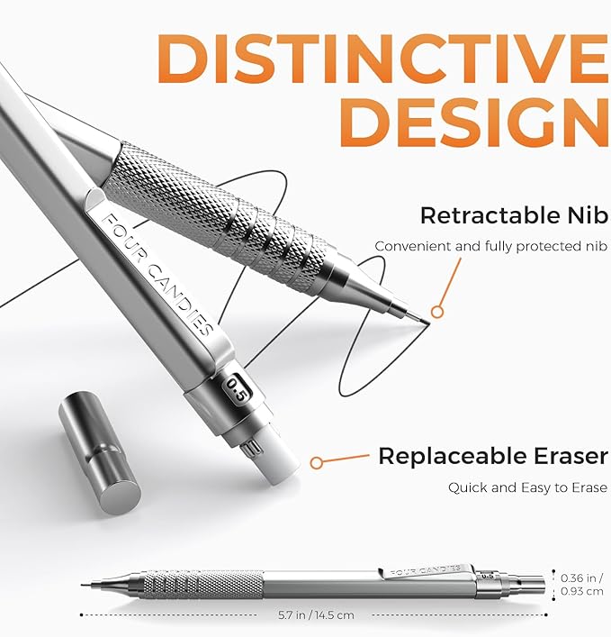 Four Candies Metal Mechanical Pencil Set, 3PCS Art Drafting Pencils 0.5, 0.7, 0.9MM & 2PCS 2MM Mechanical Drawing Pencils with 420PCS Leads (4B 2B HB 2H Color) for Writing Sketching Drawing (Silver)-DeskLoop Office