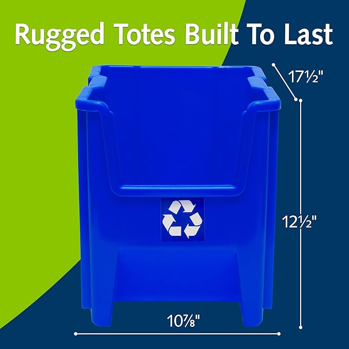 Commercial Industrial Heavy Duty Stackable Open-Front Recycling Bin Box Containers, 7 Gallon, 4 Pack, Blue-DeskLoop Office