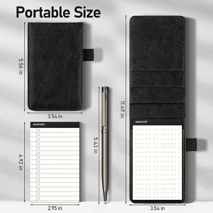 WEMATE 10 Pieces Small Notepad Holder Set Pocket Notebook - Included Mini Pocket Notepad Holder Set with 8 Memo Book Refills and Metal Pen for Meetings, Daily Records, and Notes 3 x 5 Inch (Black)-DeskLoop Office