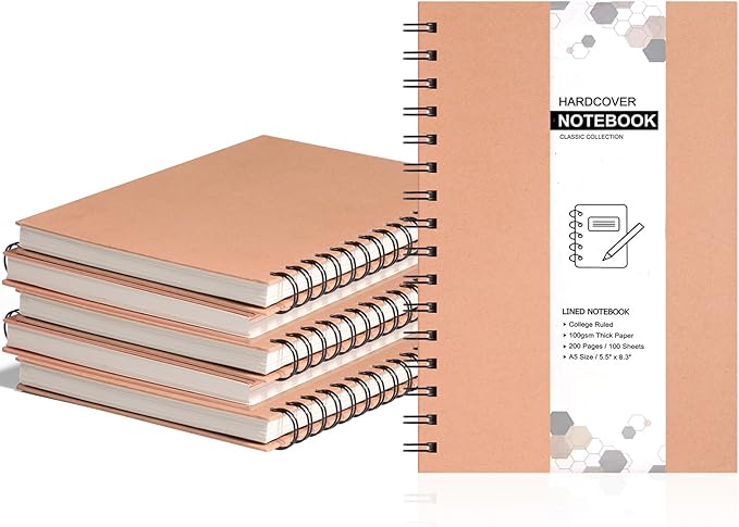 6 Pack Spiral Notebooks 5.83"x8.27", 200 Pages A5 Spiral Notebook Journal, with Kraft Hard Cover, Ruled Lined Paper, for Work, School, College Students, Gifts-DeskLoop Office
