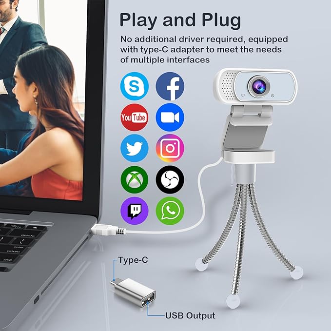 1080p White Webcam with Microphone, USB Web Camera 110-Degree View Angle Computer Camera,Webcam Tripod/Privacy Cover/USB C Adapter Include,Plug and Play Web Cam for Video Conferencing Streaming-DeskLoop Office