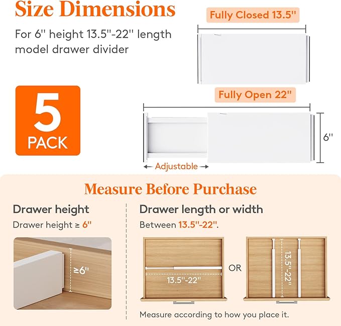 Lifewit 5 Pack Drawer Dividers Plastic 6" High, 13.5-22" Adjustable Drawer Organizers for Clothes, Expandable Dresser Separators in Bedroom/Bathroom/Kitchen/Fridge/Office Organization and Storage-DeskLoop Office