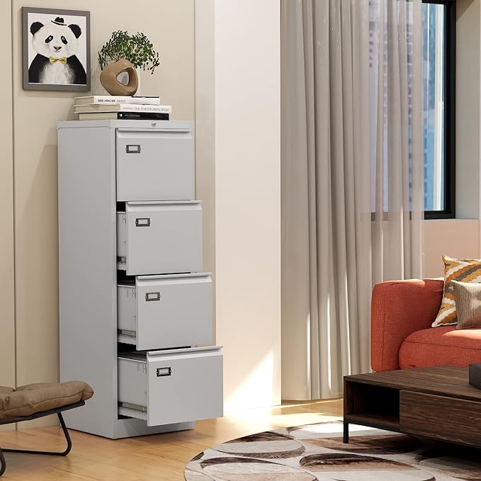 File Cabinets - 4 Drawers Vertical 17.8" Deep Lockable Filing Cabinet - White Metal Storage Cabinets for Home Office to Hanging Files Letter/Legal/F4/A4 Size-DeskLoop Office