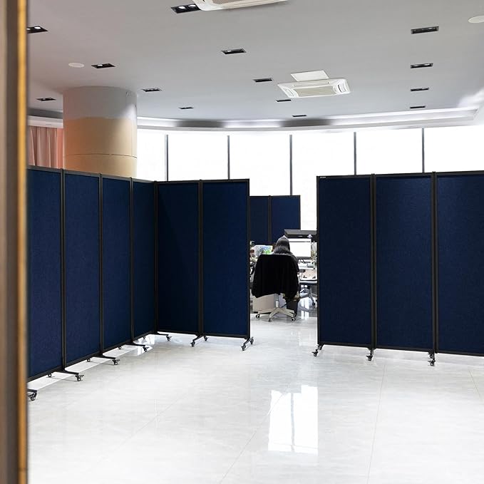 Upgrade Version Room Partition and Divider, Freestanding Rolling Dividers with Wheels,Office Privacy Screen Divider Wall,Classroom Felt Dividers,8'2"L* 6'7"H,4 Panel,Blue-DeskLoop Office