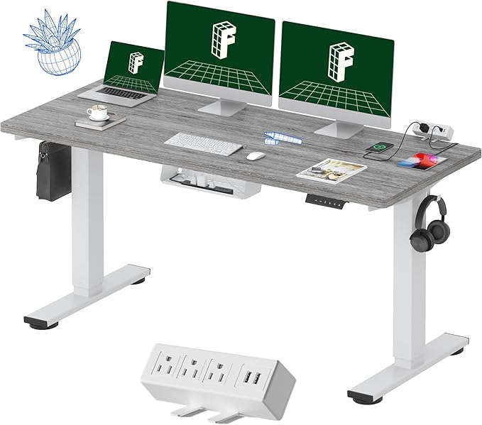 FLEXISPOT EN2 Whole-Piece Standing Desk with Clamp Power Strip, 60 x 24 Electric Stand Up Height Adjustable Desk with Cable Management (White Frame + 60" Gray Wood Grain Desktop, 2 Packages)-DeskLoop Office