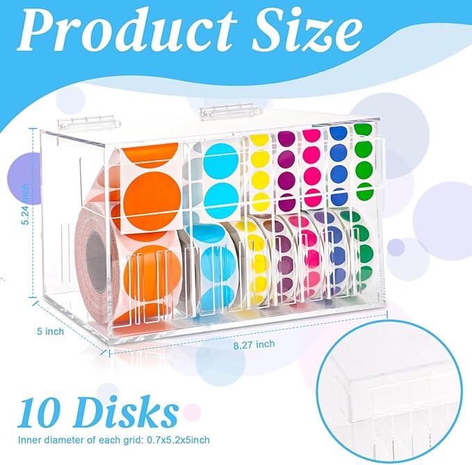 10 Disks Adjustable Label Dispenser with Lid 7.7 * 5.5 * 5.2 Inches Acrylic Sticker Dispenser Sticker Roll Holder for Holding Multi-Label Sticker Tape Date Markers Label Office (Not Include Sticker)-DeskLoop Office