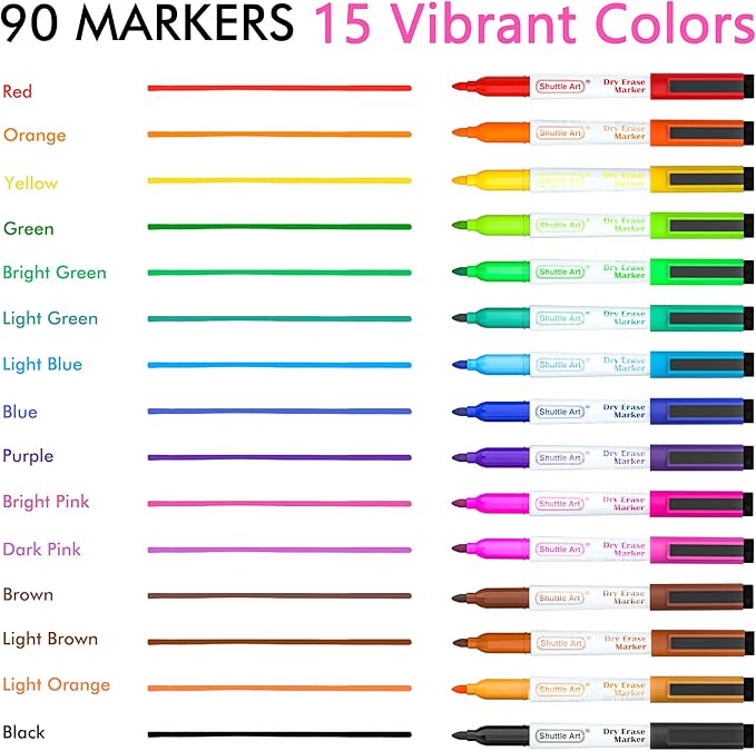 Shuttle Art Dry Erase Markers, 90 Bulk Pack 15 Colors Magnetic Whiteboard Markers with Erase, Fine Point Dry Erase Markers are Perfect for Writing on Whiteboard Mirrors Glass for School Office-DeskLoop Office