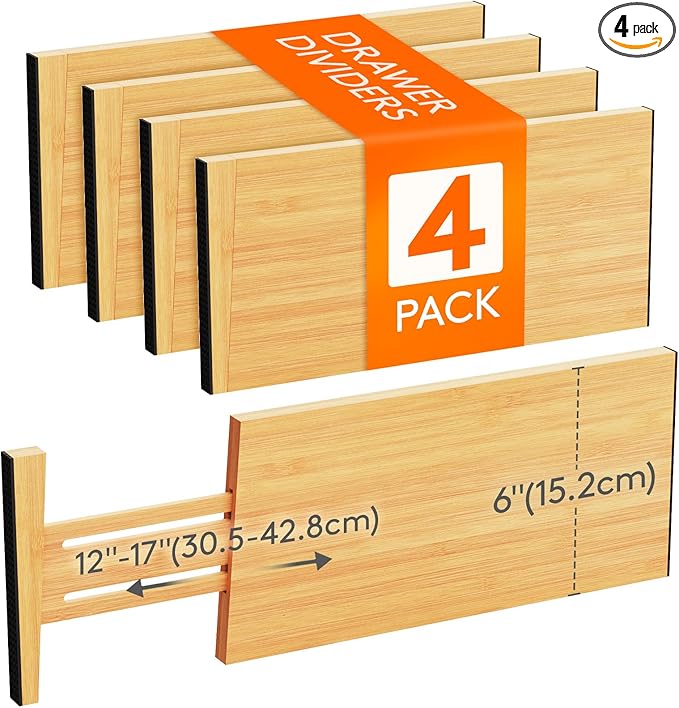 Lifewit 4 Pack Drawer Dividers Bamboo 6" High, 11-17" Adjustable Drawer Organizers for Clothes, Expandable Dresser Separators in Bedroom/Bathroom/Kitchen/Fridge/Office Organization and Storage-DeskLoop Office