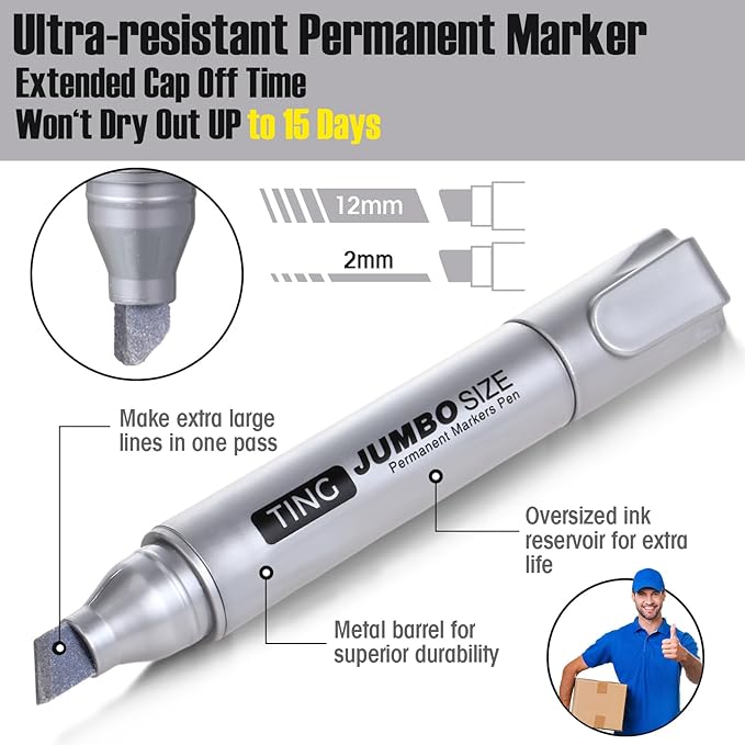 Fuutreo 10 Pack Jumbo Permanent Markers Bulk Large Chisel Tip Permanent Markers Quick Drying Waterproof Big Huge Poster Pens for Office, Logistics Company and More(Silver)-DeskLoop Office