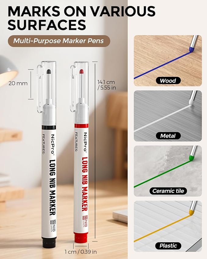Nicpro 6 PCS Long Nib Marker Pens, 20mm Deep Hole Marker, Quick Dry & Waterproof Construction Markers, Long Head Markers for Metal, Steel, Tile, Glass, Carpenter Marking Pen for Woodworking (Colorful)