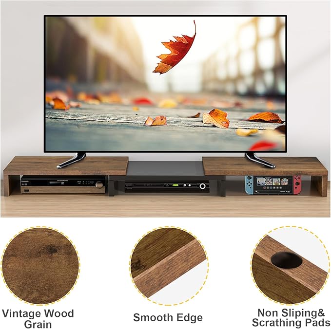 TAVR Dual Monitor Stand Riser, Computer Monitor Stands for 2 Monitors, Extra Long Multifunctional Desktop Organizer Riser for Computer, Laptop, PC, Printer, TV, Max 43.3" Length, Rustic Brown-DeskLoop Office