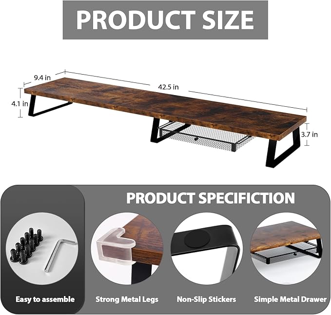 Aothia Dual Monitor Stand Riser - Metal Leg Monitor Stand with Drawer, Desk Shelf for PC, Laptop & Screen (Vintage)-DeskLoop Office