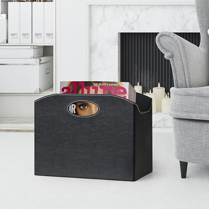 EZDeco Magazine Holder Foldable Magazine Rack Floor PU Leather File Holder Newspaper Book Storage Basket Document File Folder Organizer for Office Home-DeskLoop Office
