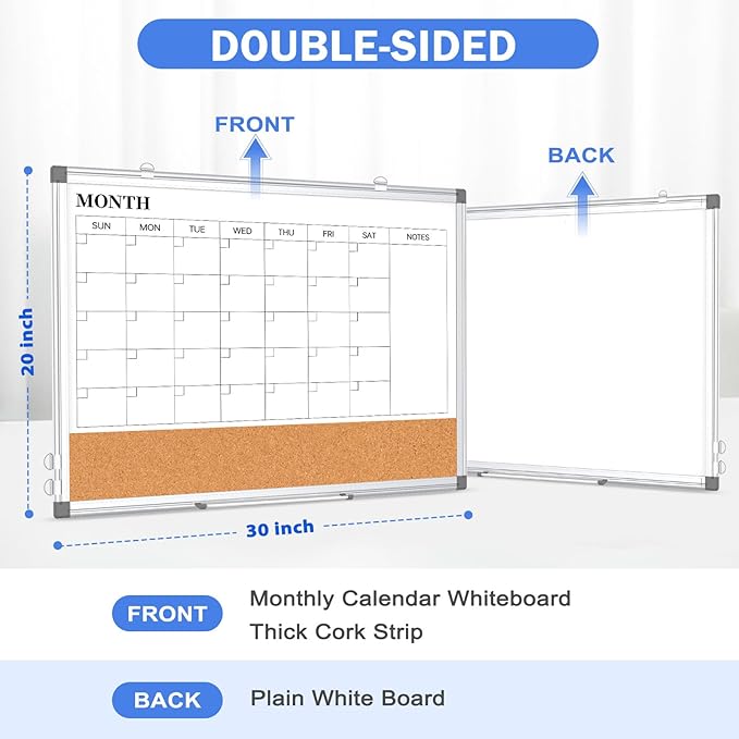Monthly Calendar Whiteboard Dry Erase Cork Board Combo for Wall, 30" x 20" Magnetic Double-Sided Calendar White Board and Bulletin Board, Portable Board for Office, Kitchen, School, Home, Dorm-DeskLoop Office