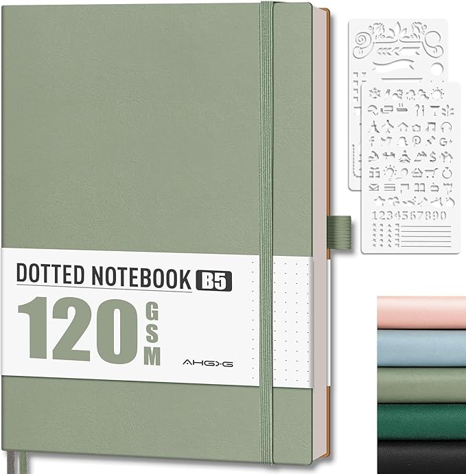 AHGXG Bullet Dotted Journal - Dot Grid Notebook Journal, 120 GSM Thick Acid-Free Paper, Large B5 Dotted Notebook 96 Pages, Leather Softcover, Inner Pocket, Journal Stencil, 7.6'' X 10'' - Sage Green-DeskLoop Office