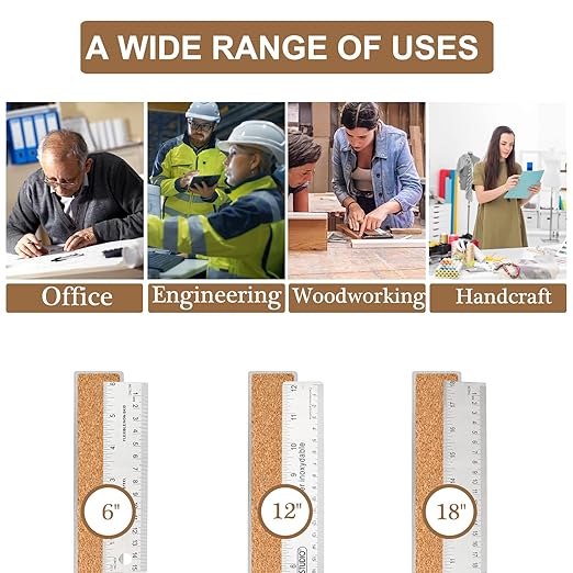 Stainless Steel Metal Ruler - 6 Inch, 12 Inch, 18 Inch Straight Edge - Non Slip Cork Backed - Inch and Metric-DeskLoop Office